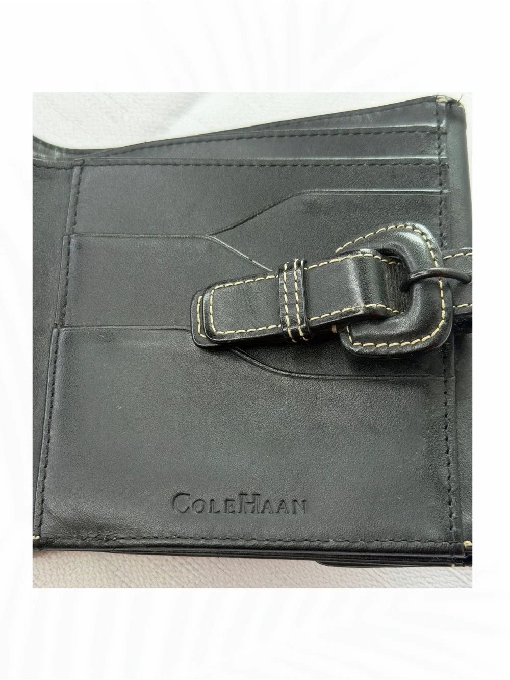 Cole Haan Black Leather Buckle Bifold Wallet Contrast Stitching